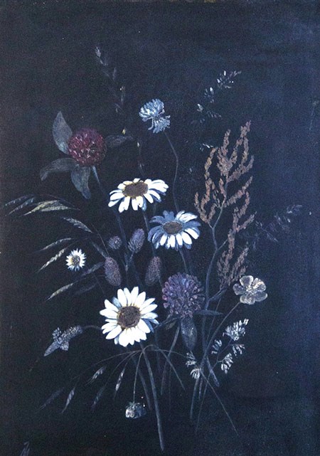 Painting of loose flowers on a dark background with daises, clover, and grasses.