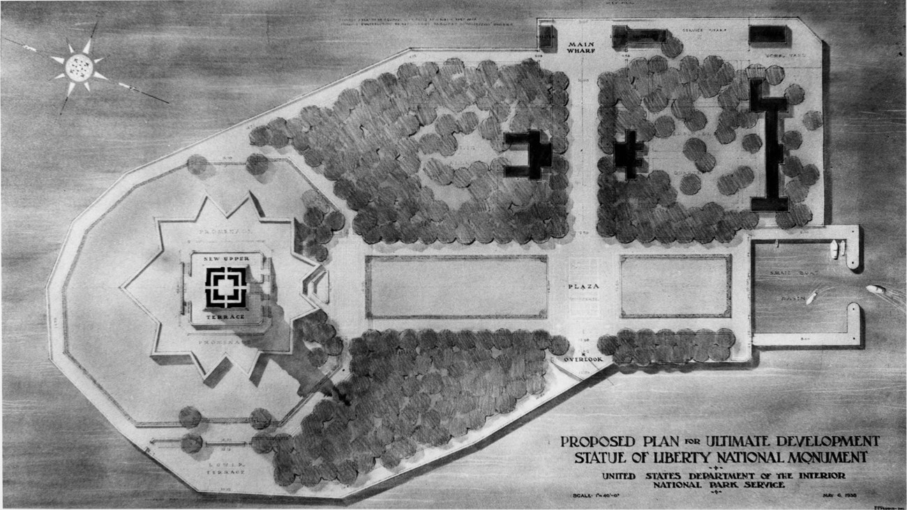 Drawing for the landscape redesign for development of the Statue of Liberty, showing the monument at left, plaza, terrace, overlooks, and vegetation.