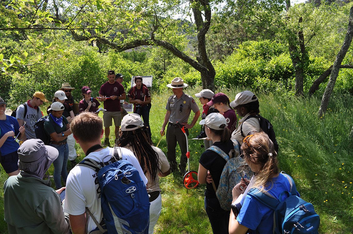 The 2017 Designing the Parks team gathers under a tree to learn from park resource management staff.