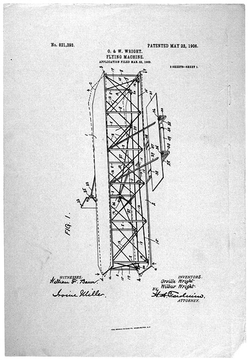 500-DAAV-Flying-Machine-Patent-LOC0001d Labeled drawing of the "Flying Machine" filed by the Wright Brothers in 1903 and patented in 1906