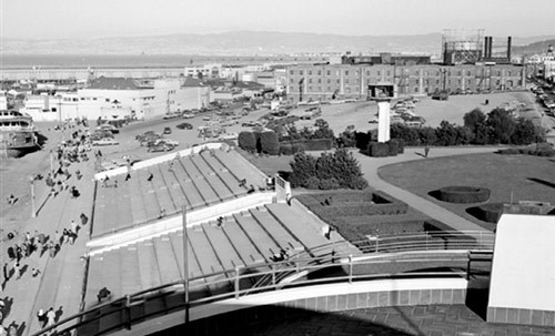 Characteristics of the streamline moderne style in a view of the Bathhouse, 1953.