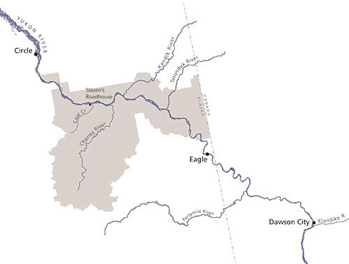 Map of Yukon River and tributaries crossing the border between Alaska and Canada, with the location of Slaven's Roadhouse indicated.