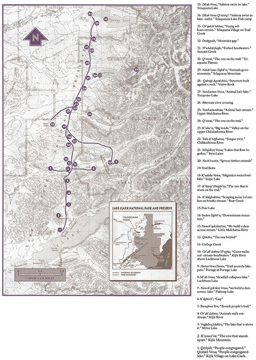Map of sites along the Telequana Corridor with a key of Native place names and English translations