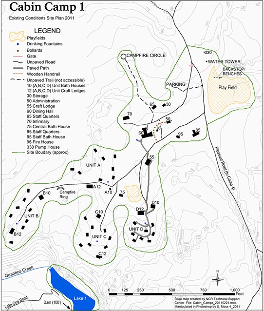 A site map detailing existing conditions at Cabin Camp 1, including features such as paths, roads, buildings, and play fields.