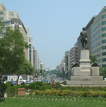 Lush plantings lie at the foot of the Admiral Farragut Statue, which is on axis with Connecticut Avenue in the background.