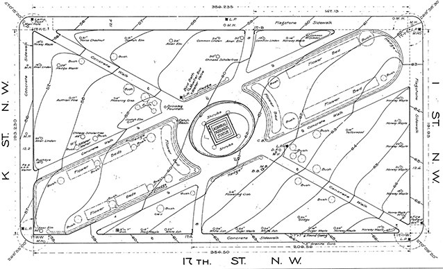 A planting plan of Farragut North detailing topography as well as the locations and tree and shrub plantings.