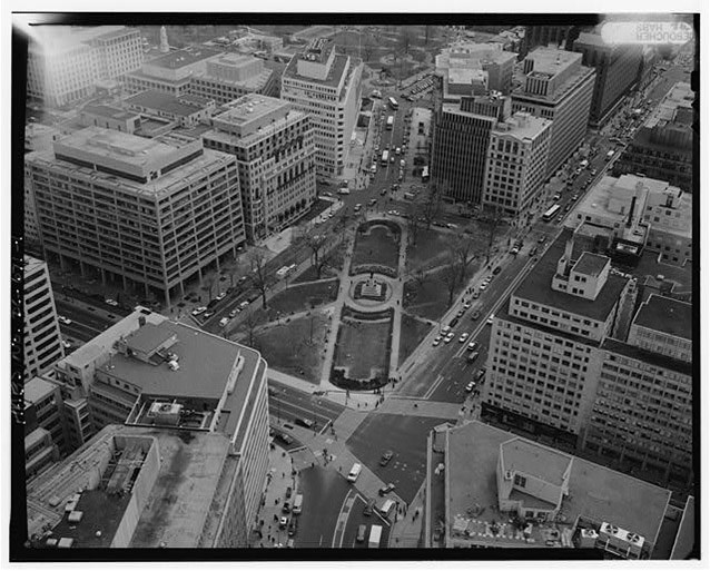 An aerial image of Farragut Square within its surrounding urban context