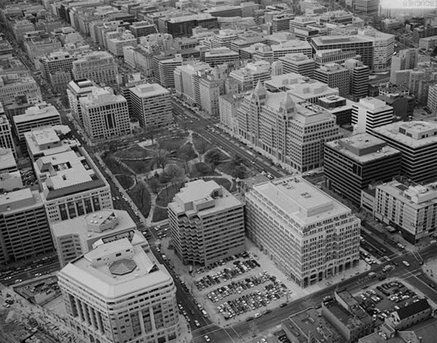 An aerial view of Franklin Square with the surrounding streets and buildings of Washington, DC.
