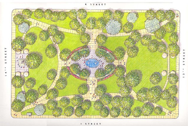 A site plan illustrates the circulation and major plantings of Franklin Square in 2005 It also shows major features, such as the central fountain and the Commodore Barry Memorial on the west end of the park.