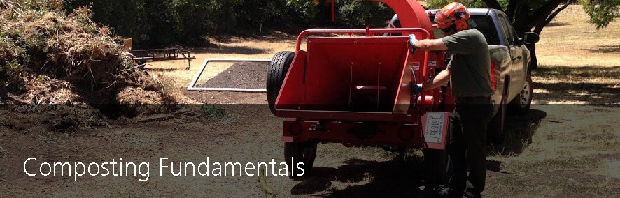 "Composting Fundamentals" - A man operates a red chipper near a compost pile