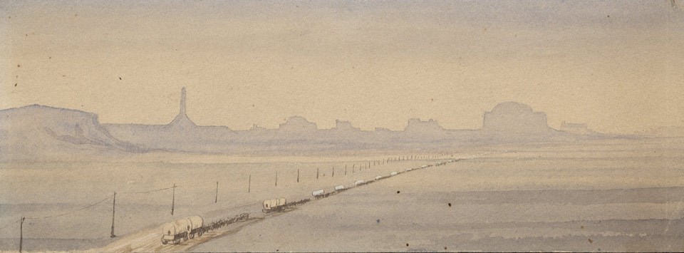 A hazy painting of a wagon train stretching into the distance toward bluffs.