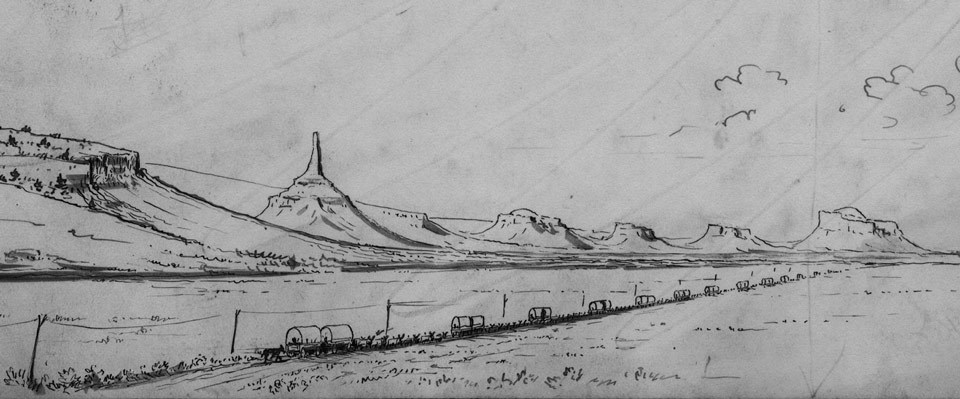 Ink drawing of wagon train crossing the plains towards rock formations.