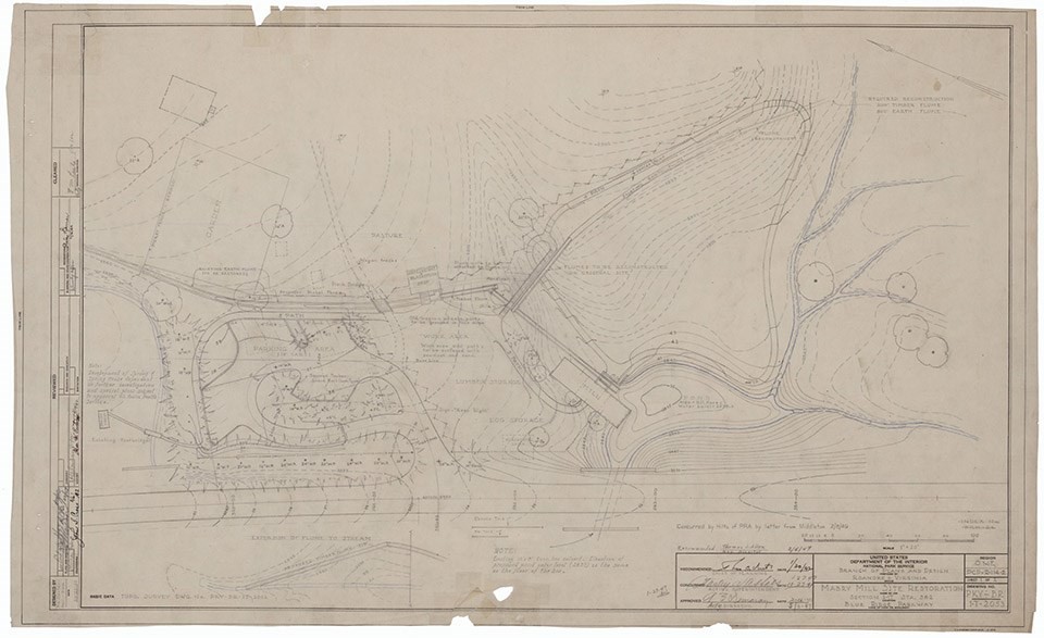 1941 map of mill site identifies landscape features like buildings, topography, and vegetation.