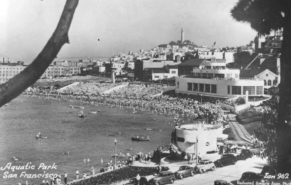 Visitors crowd the beach at Aquatic Cove Park, ca. 1940