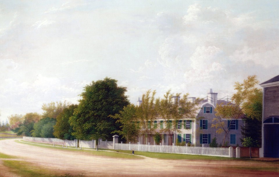 A painting of a two-story house, bordered by white fence, trees, and a road.