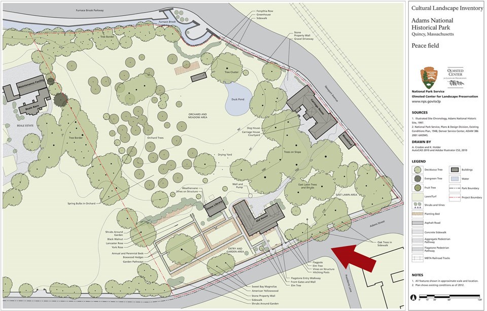 Site plan of the landscape with a red arrow showing the painter's position.