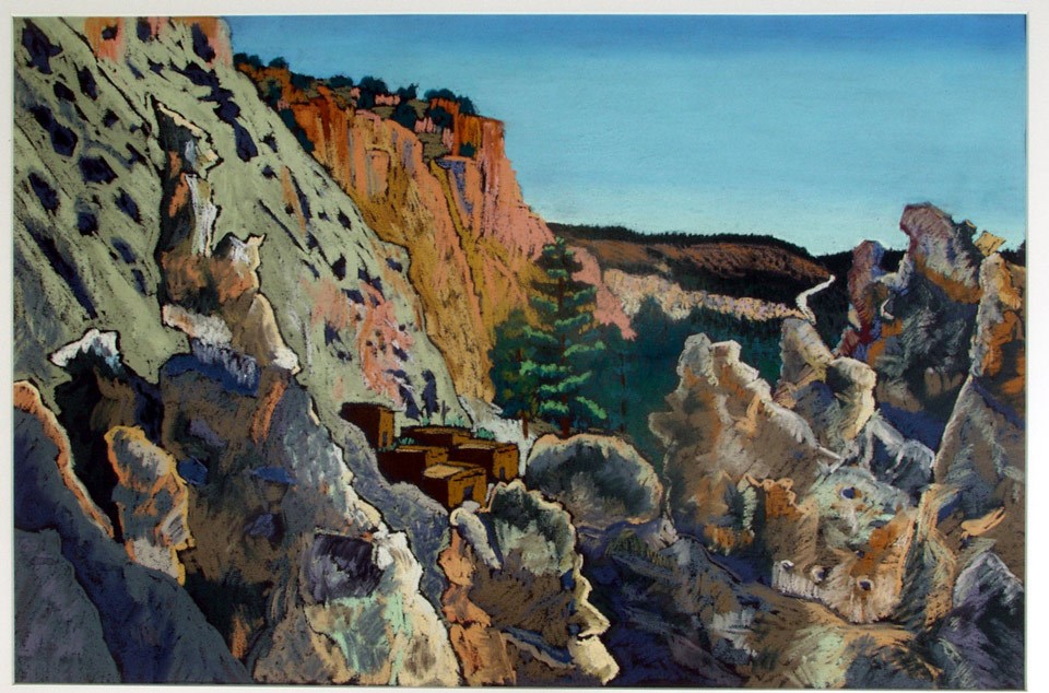 Colorful painting of a pueblo surrounded by canyon walls