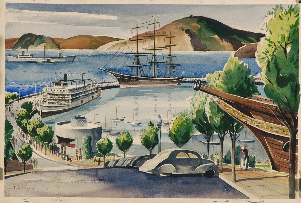 Painting of Aquatic Park, with trees, ships in the cove, and cars.