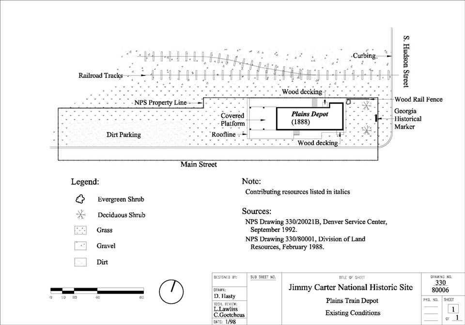 Site plan showing existing conditions of the Plains Train Depot landscape