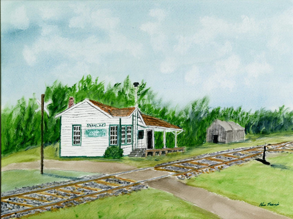 JICA Plains Train Depot painting by Kenneth Craig Watercolor painting of a one-story, white wood train depot beside railroad tracks.
