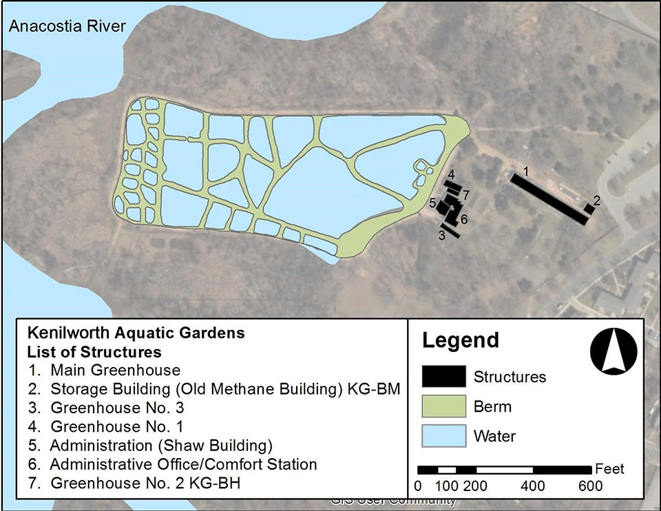 Map of Kenilworth Aquatic Gardens A map shows the ponds, berms, and structures of the aquatic gardens.