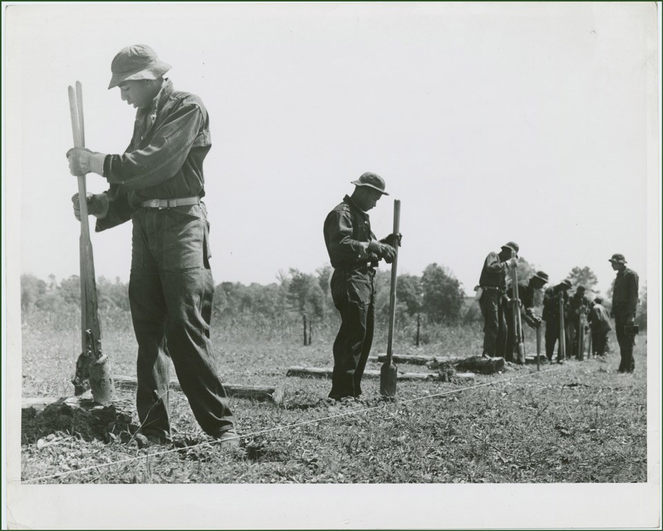 A row of young men in work uniforms dig post holes for a fence.