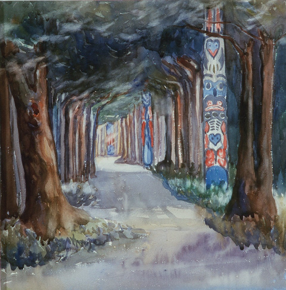 Colorful watercolor of a trail through a forest with totem poles.