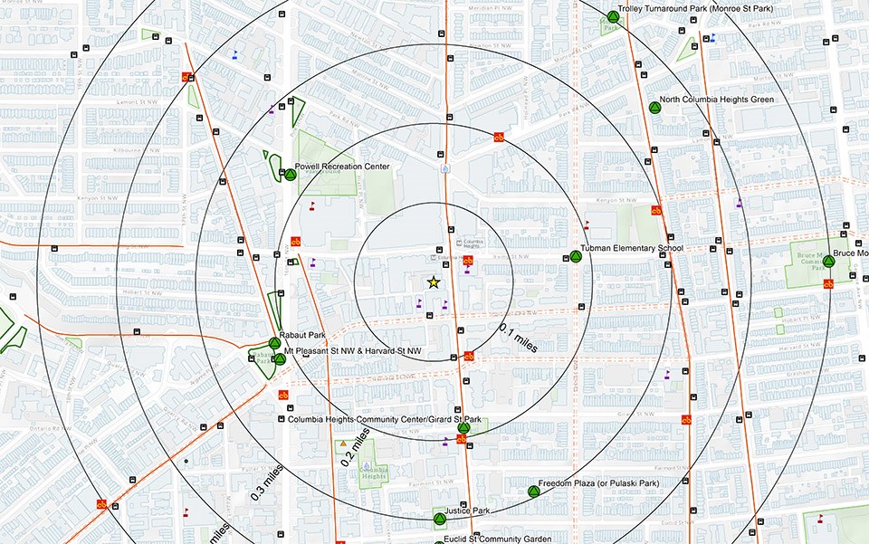 A sample ParkRx map shows the city with radiating circles, transportation hubs, parks, and schools.