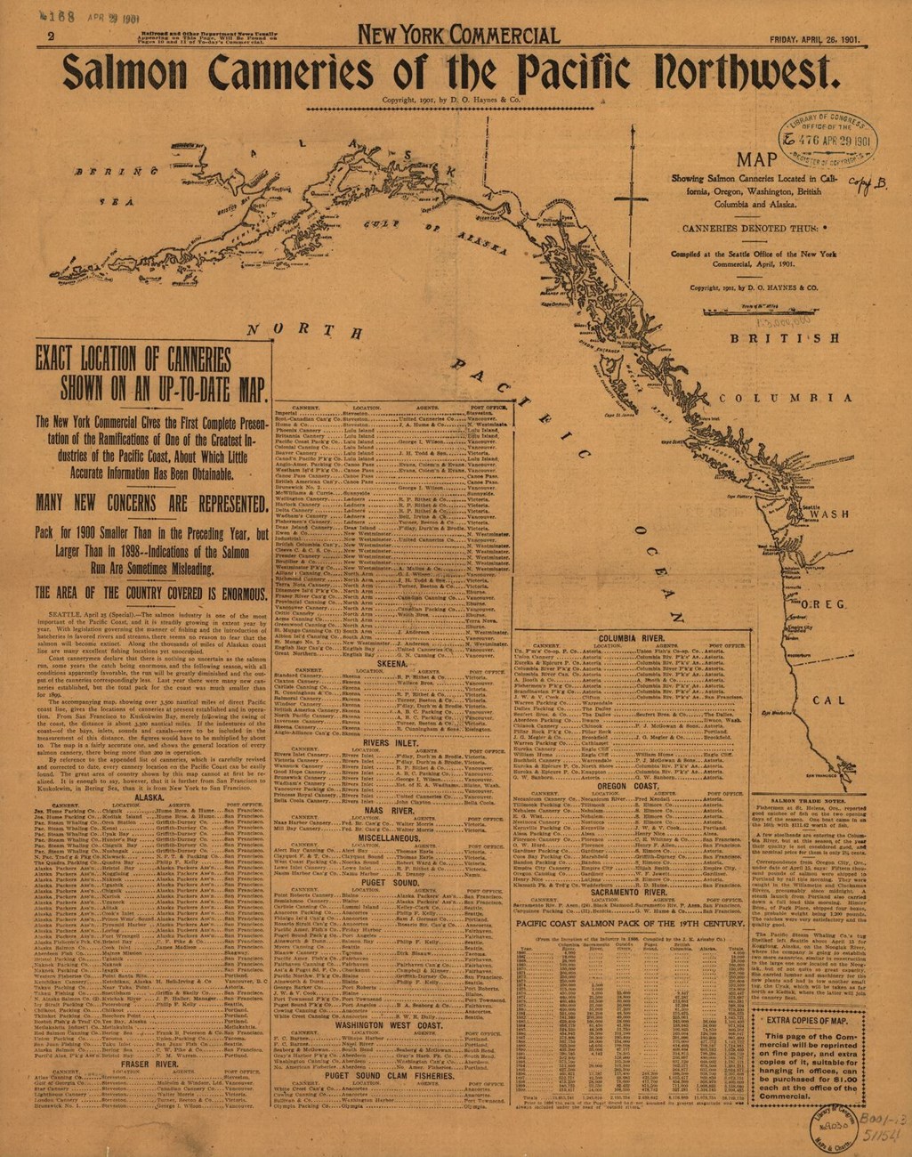 1901 map and list of "Salmon Canneries of the Pacific Northwest" on newsprint,