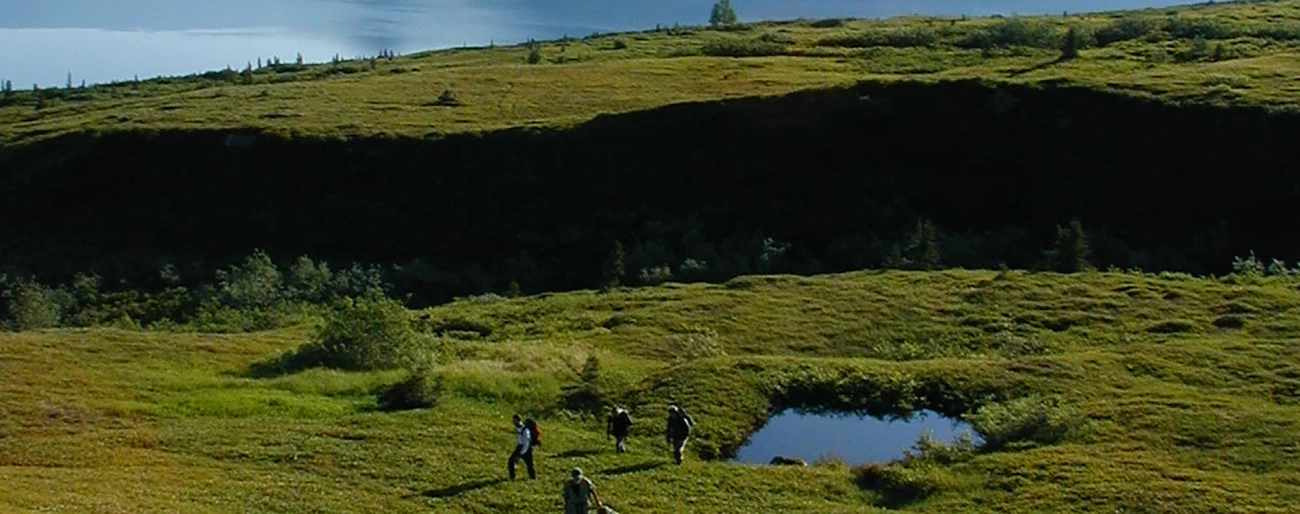 LACL Telaquana ethnographic landscape A group of four people walk across a rolling, open landscape past a small lake