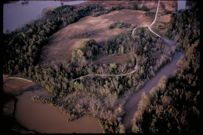 Aerial view of a landscape with wooded areas and open space, with areas of water