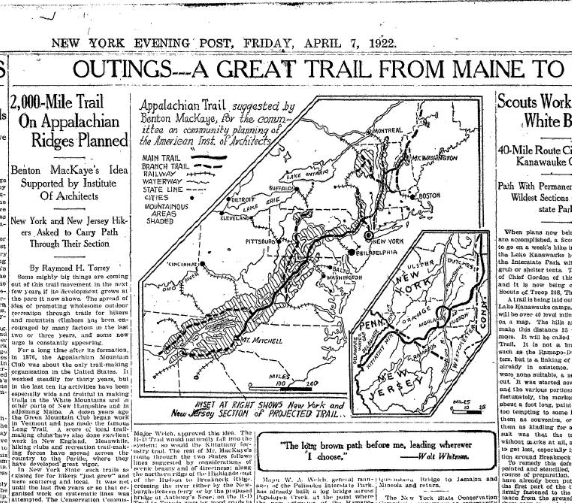 Page from the New York Evening Post, Friday, April 7, 1922. "Outings -- A Great Trail from Maine to Georgia: 2,000-Mile Trail on Appalachian Ridges Planned"