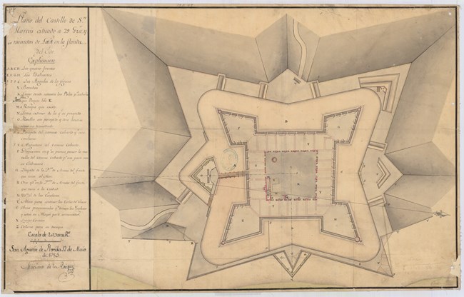 Sketch plan of a four corner fort with fortress rooms and defensive features, with a written legend on the left side