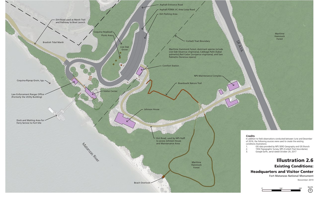 Labeled site plan shows the arrangement of features around the headquarters and visitor center at Fort Matanzas