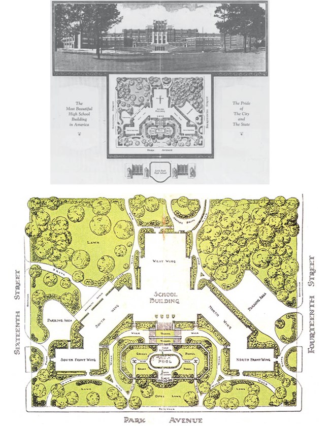 Brochure for Central High School, "The Pride of the City and State," above an enlarged plan from the brochure to show landscape design