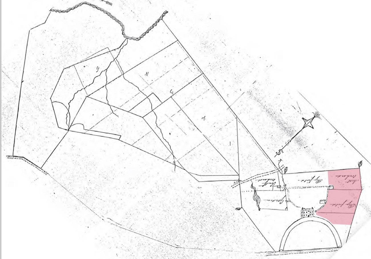 A drawing of a landscape layout shows a mansion on a curving driveway, fields, and streams. The orchard to the right of the house is highlighted.