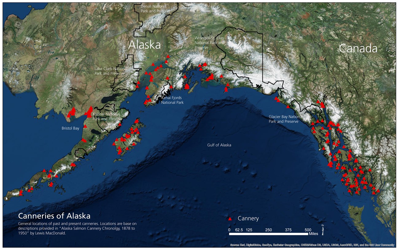 Red triangles mark the locations of past and present canneries on a map of the south of Alaska