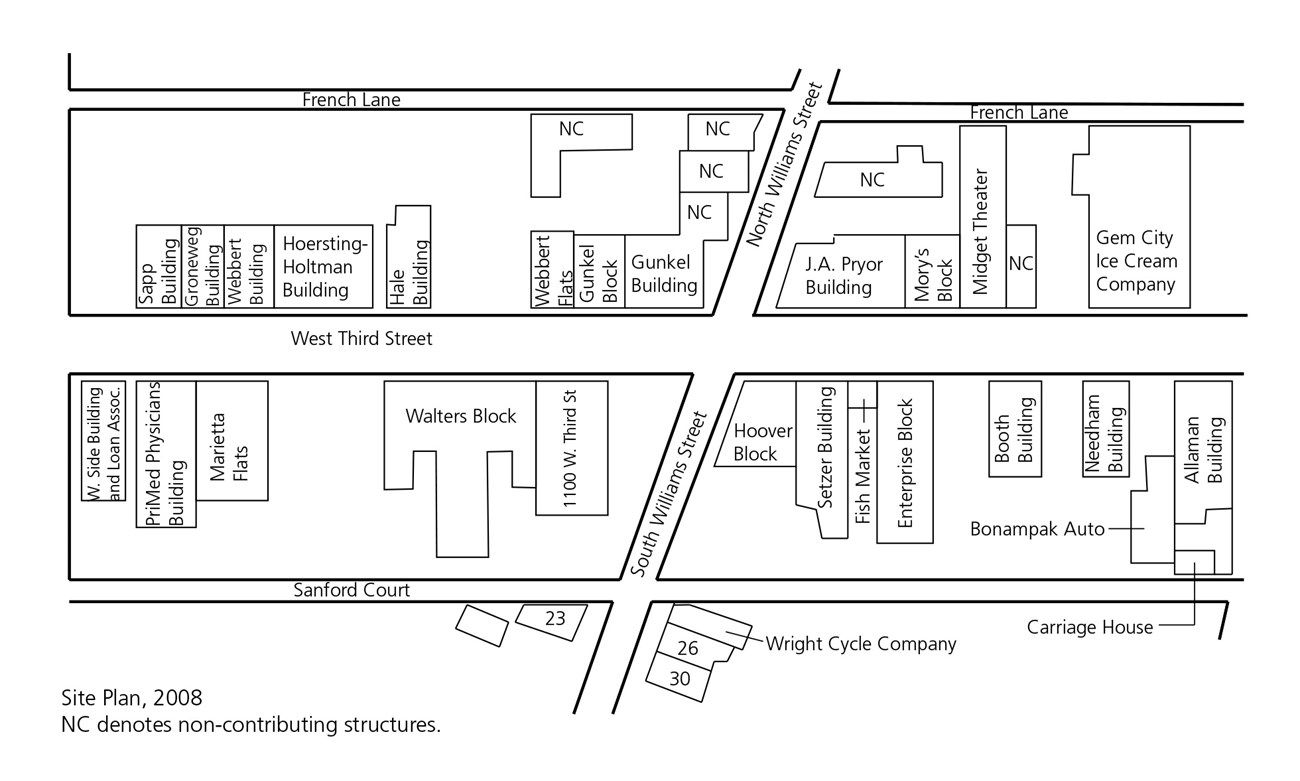 Site plan of historic district shows West Third Street and intersections, contributing buildings, and non-contributing buildings