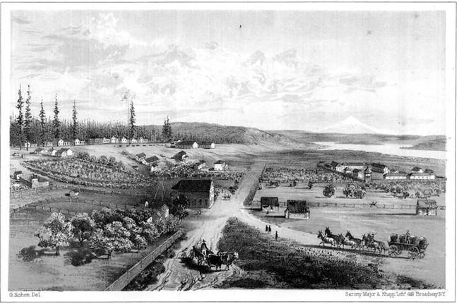 A lithograph shows the fort to the right, surrounding buildings and orchards, and Mount Hood in the background.