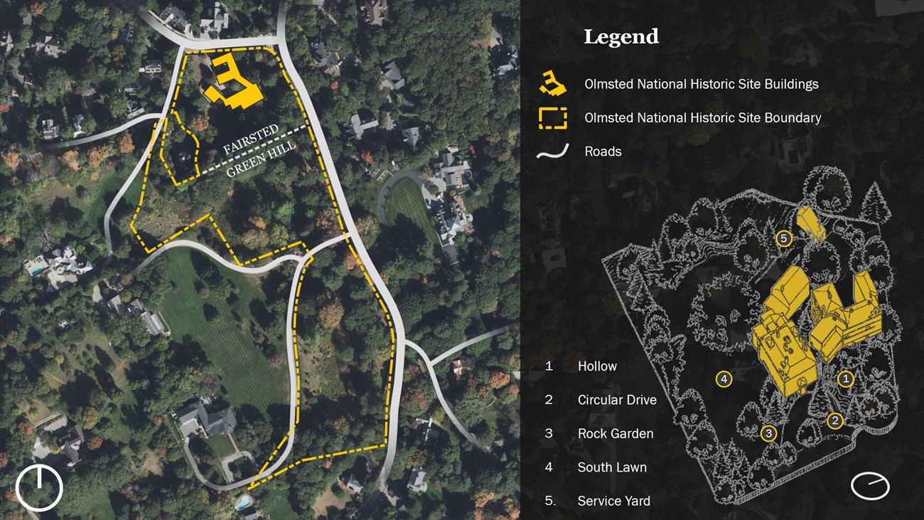 The boundary, roads, and buildings of Olmsted National Historic Site are shown on a satellite image, alongside a diagram of the landscape features.