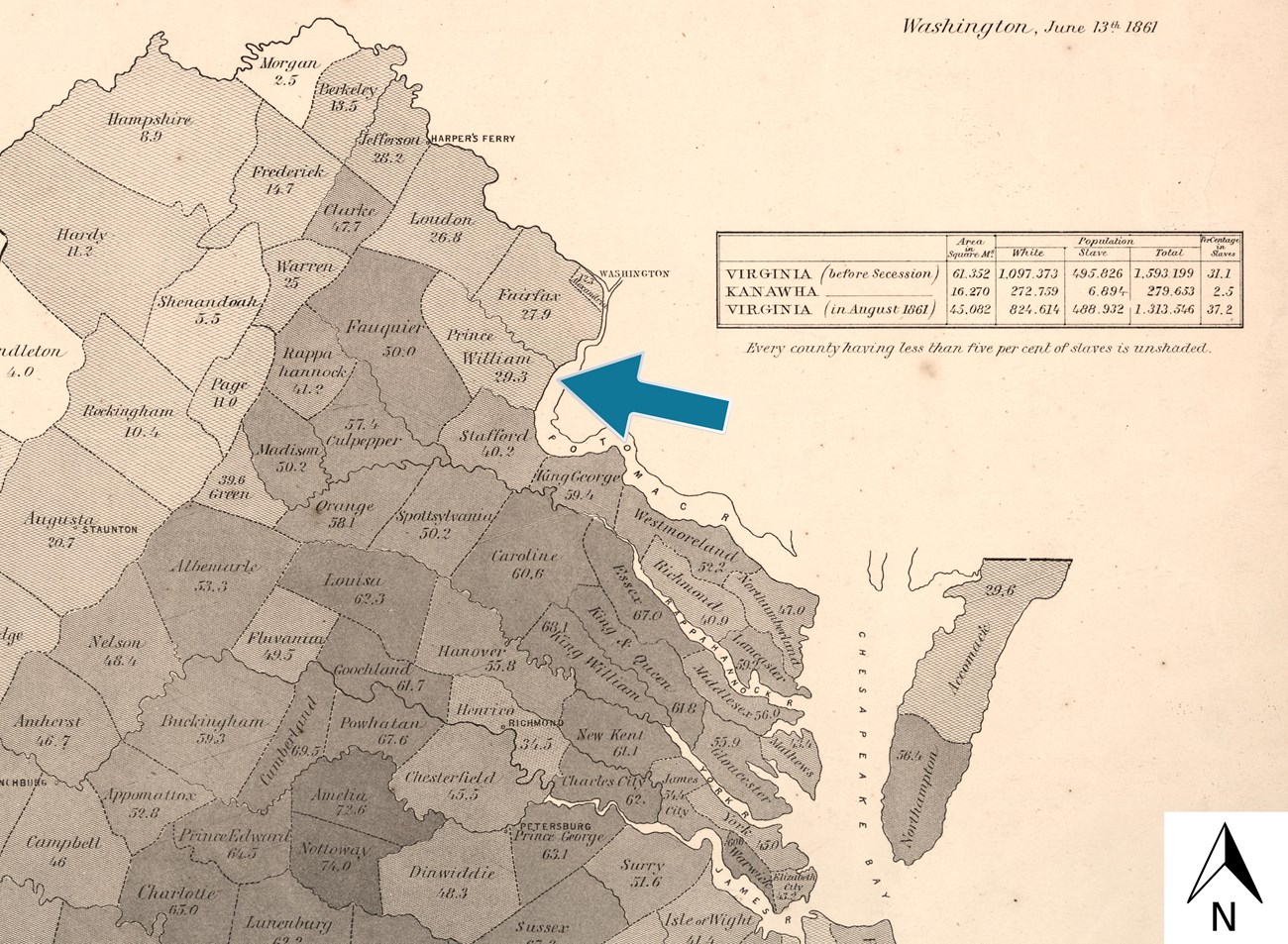 Historical map depicting the counties in northeastern Virginia. The map's shading gradient depicts counties with fewer enslaved people as lighter and more enslaved people as darker.