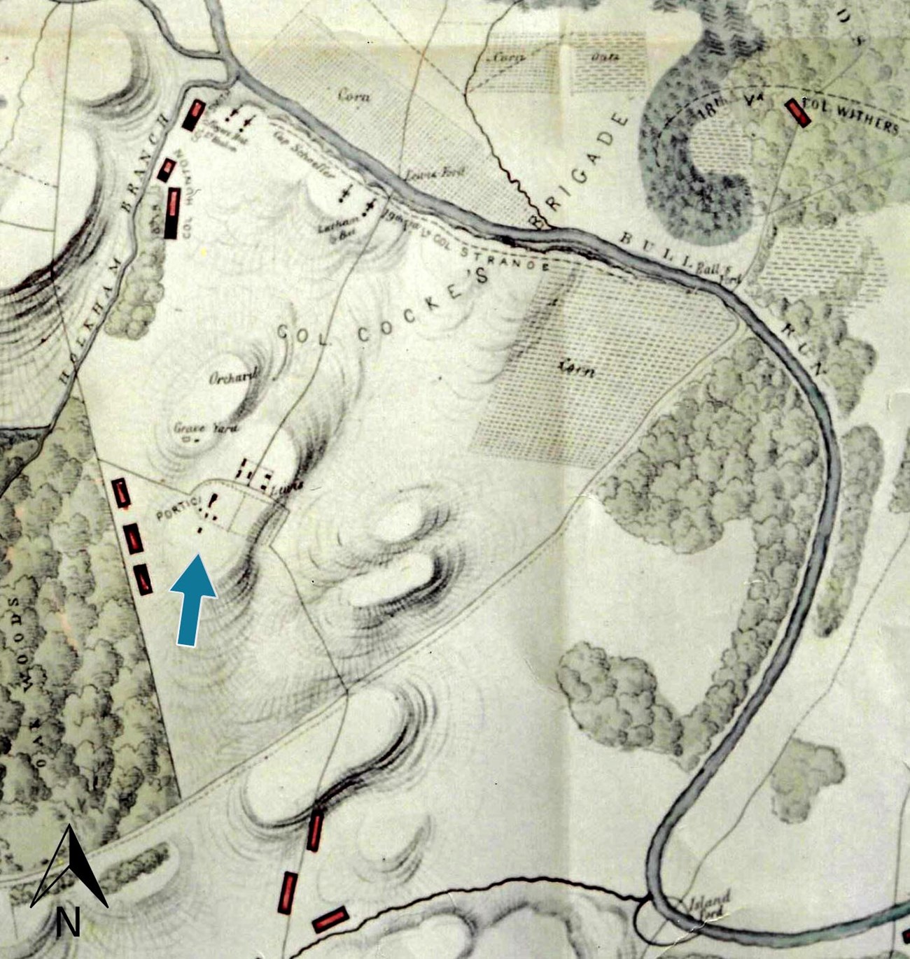 Historical map depicting a farm adjacent to a stream running along the ride side of the image. Hills, fields, and roads are depicted, as are troop positions denoted with red, rectangular boxes.