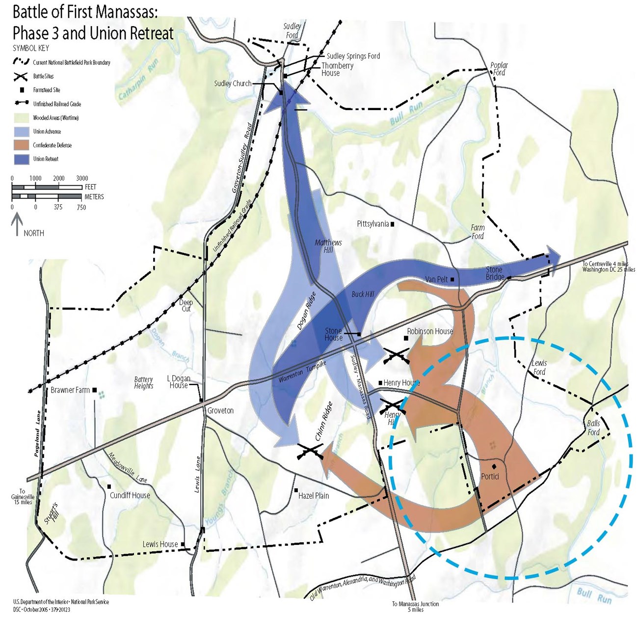 Contemporary map showing the trajectory of troop movements with blue and red arrows. The blue arrows in the north represent Union troops and the red arrows in the south represent Confederate troops.
