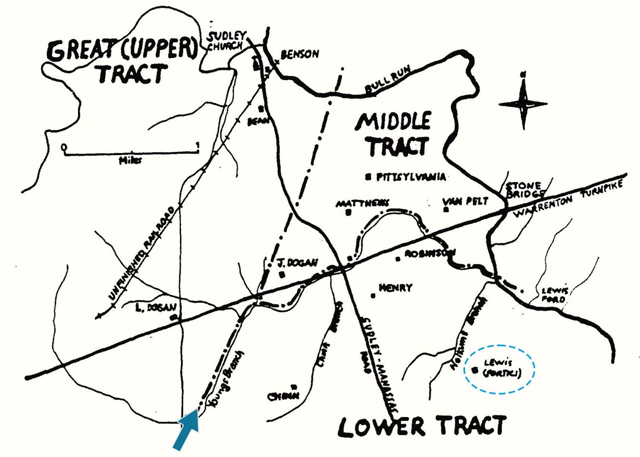 Black and white map with an intersection of two arterial roads at the center and cut through with streams. The Bull Run is drawn along the right-hand edge of the map