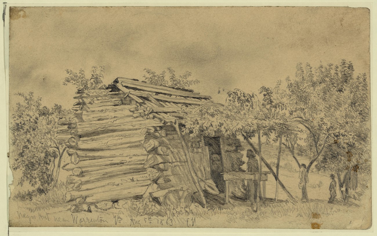 Historical drawing on sepia background depicting an oblique view of a log cabin in the foreground with figures in shadow and foliated trees in the background.