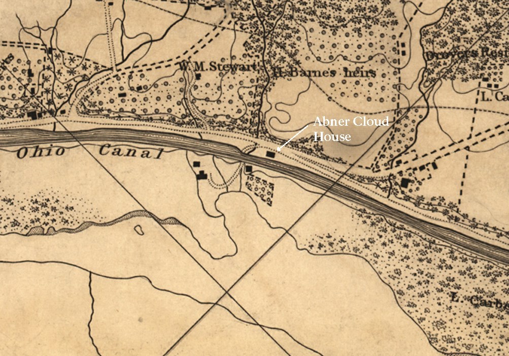 CHOH Topographical Map of DC 1861 Close up of a tan and black map depicting the Chesapeake and Ohio Canal at the future Fletcher’s Cove. The Abner Cloud House is in the center of the map and has been labeled. The mill is shown on the other side of the canal with one building nearby.