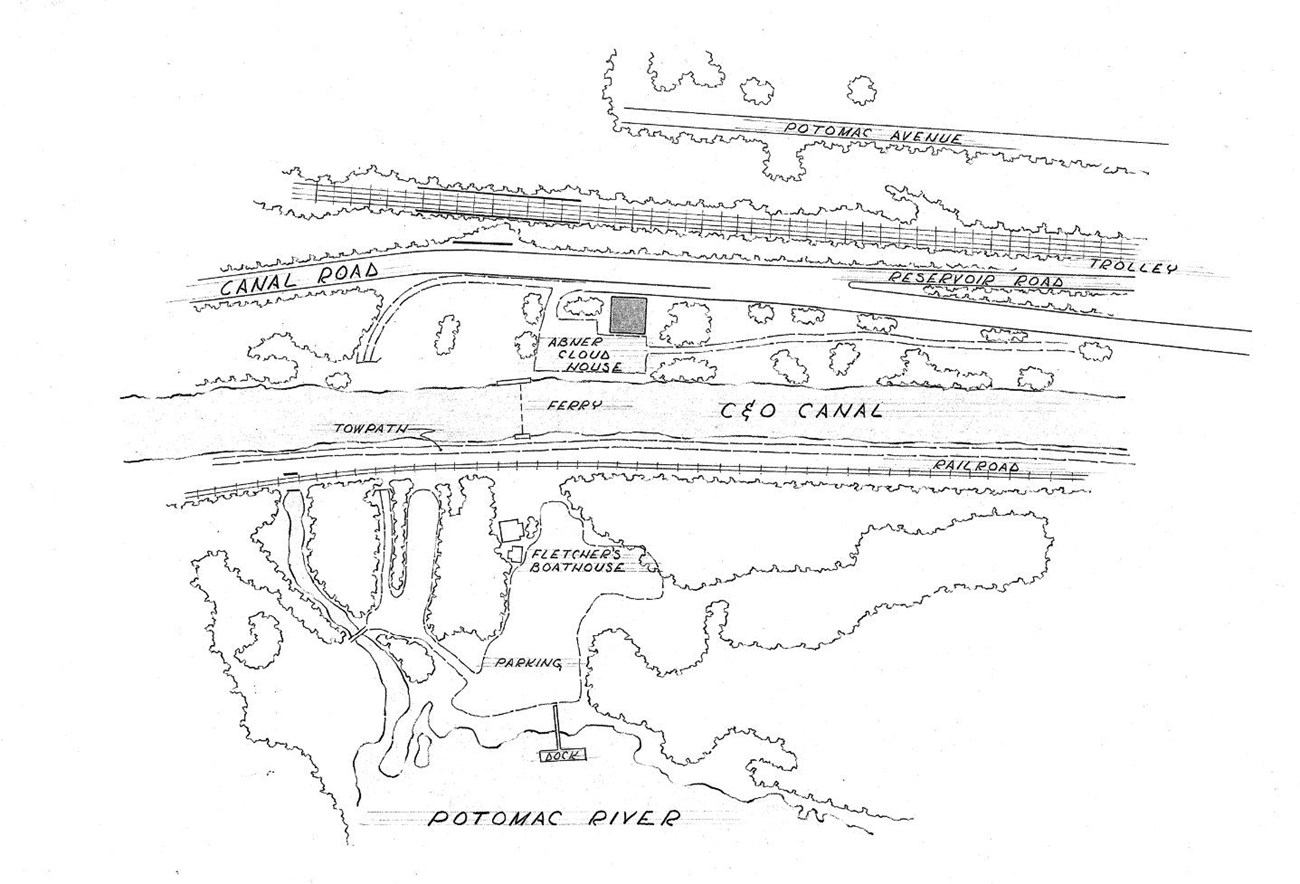 Black and white site plan showing two of the buildings near Fletcher’s Boathouse have been removed. The boathouse and snack stand are still present. An area below them is labeled parking. The Chesapeake and Ohio Canal runs from left to right