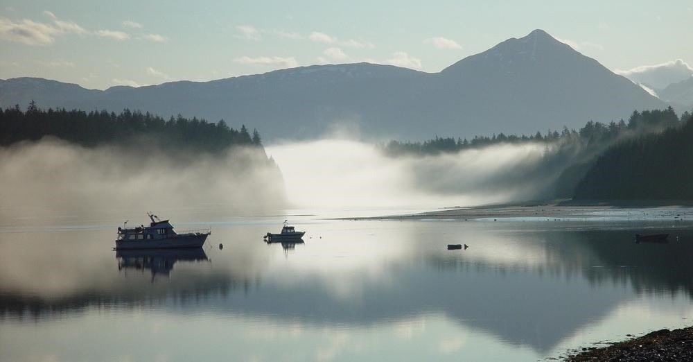Several fishing boats at anchor surrounded by still water and morning fog of a cove, with mountains in the background