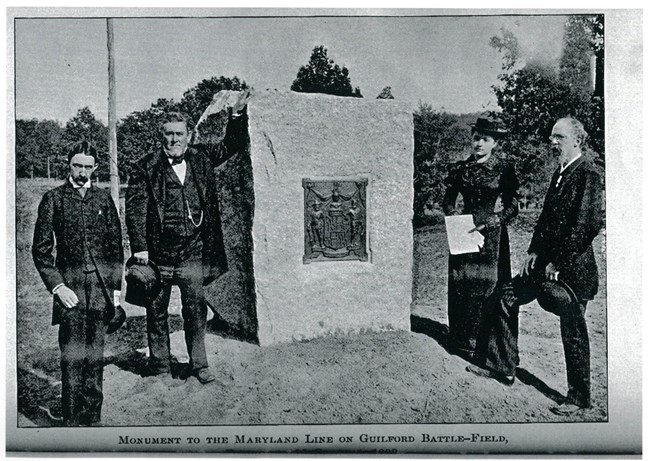 Debut of Maryland Monument October 15th 1892. J.W. Fry, Vice President of Guilford Battleground Company, David Shenck, President of Guilford Battleground Company, Miss. Edith Hagan, and Edward Graham Daves.