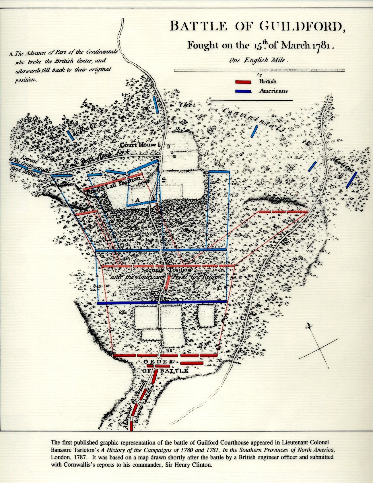 "Tarleton" Map 1787 "Tarleton" Map of the Battle of Guilford Courthouse, so-called because it appeared in Tarleton's 1787 "A History of the Campaign of 1780-1"
